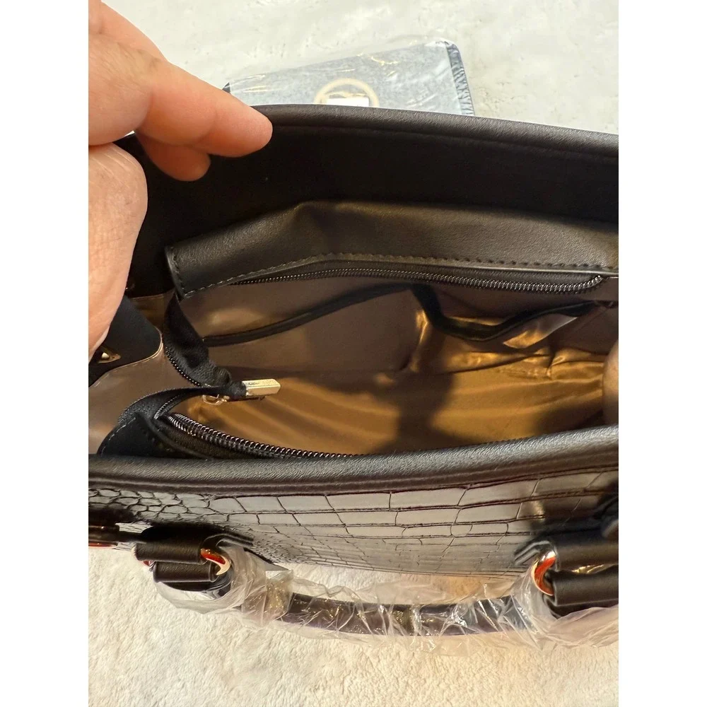 Dasein Black Croc Embossed Satchel Handbag Gold Accent‎ Chain Strap New